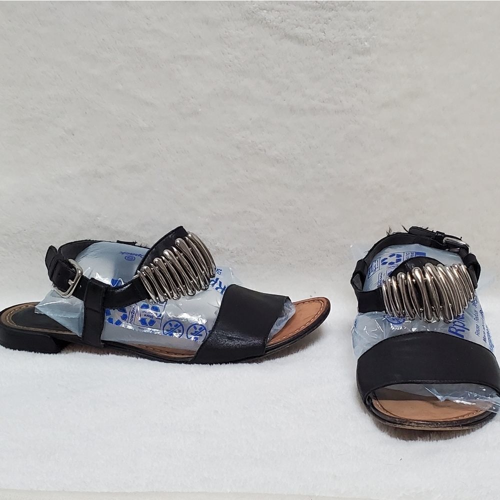 STUART Weitzman Black Supple Leather Oblong Silver Beaded Ankle Strap Sandals